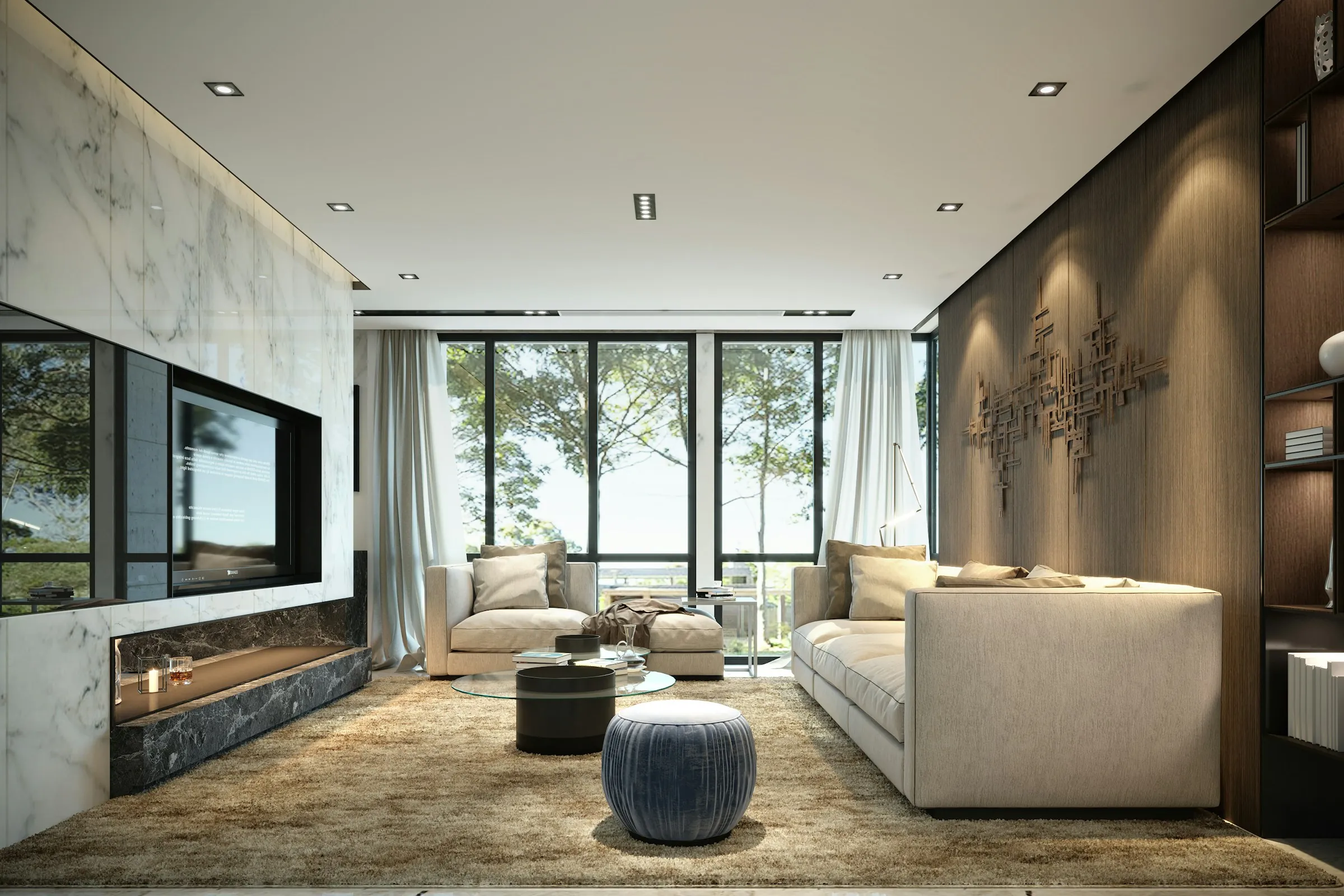Luxury living room with marble feature wall, sofa and garden view