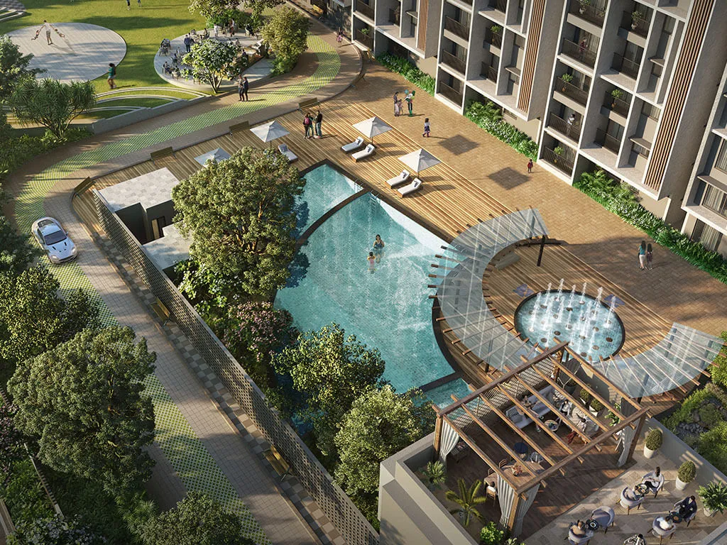Aerial view of the pool deck, fountain and cabana lounge at Casagrand Keatsway