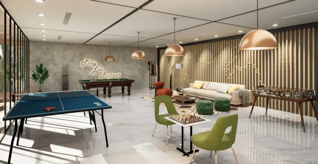 Indoor games room with pool table, table tennis and chess at Elegant Atmos