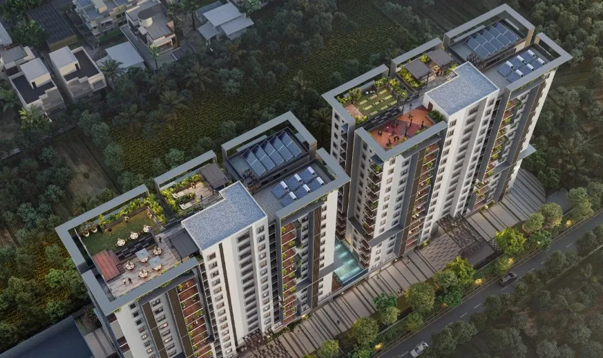 Aerial view of the Elegant Atmos towers with rooftop Air Lounge in Thanisandra, North Bangalore