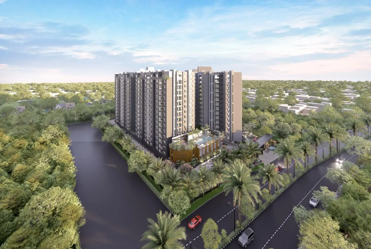 Aerial view of the Elegant Takt Tropical Symphony towers amid greenery in Yelahanka, North Bangalore