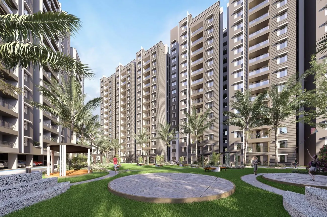 Central lawn with gazebo, amphitheatre steps and palms at Elegant Takt Tropical Symphony