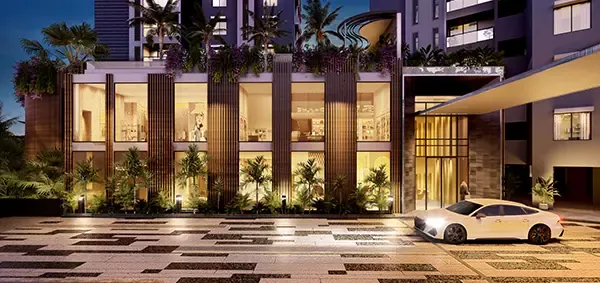 Clubhouse facade at night at Elegant Takt Tropical Symphony