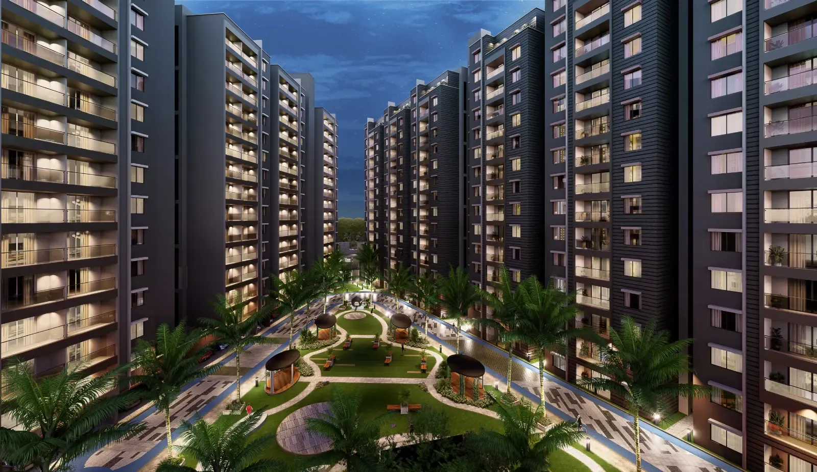 Landscaped central courtyard between the towers at night, Elegant Takt Tropical Symphony