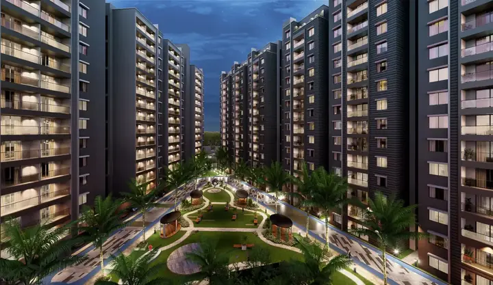 Landscaped central courtyard between the towers at night, Elegant Takt Tropical Symphony
