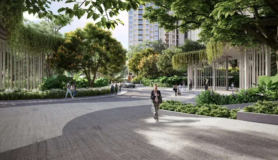 Tree-lined entrance plaza and arrival driveway at Purvankara Northern Lights