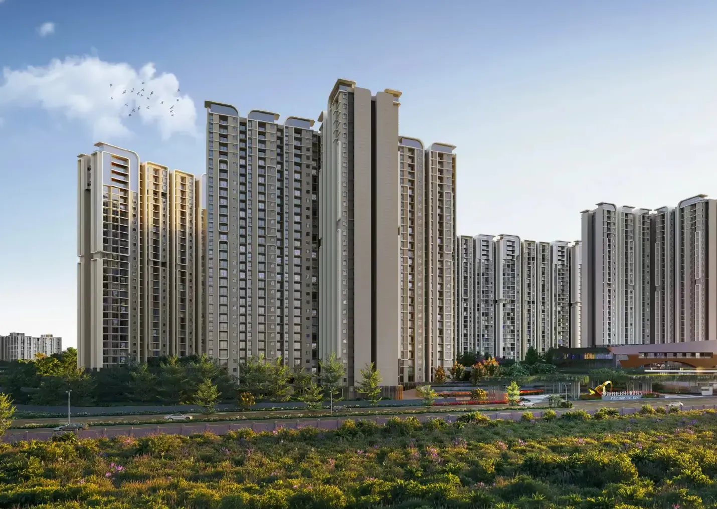 Purvankara Northern Lights high-rise towers and clubhouse on Airport Road, Bagalur, North Bangalore