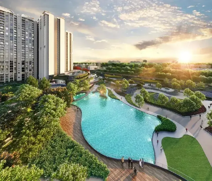 Aerial view of the lagoon-style pool and landscaped deck at Purvankara Northern Lights